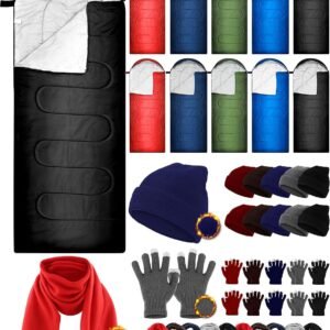 40 Pcs Sleeping Bags for Adult Bulk with Winter Beanie Hat Touch Screen Gloves Scarves, Waterproof Cotton Liner Cold Weather Sleeping Bag for Homeless Camping Indoor Outdoor
